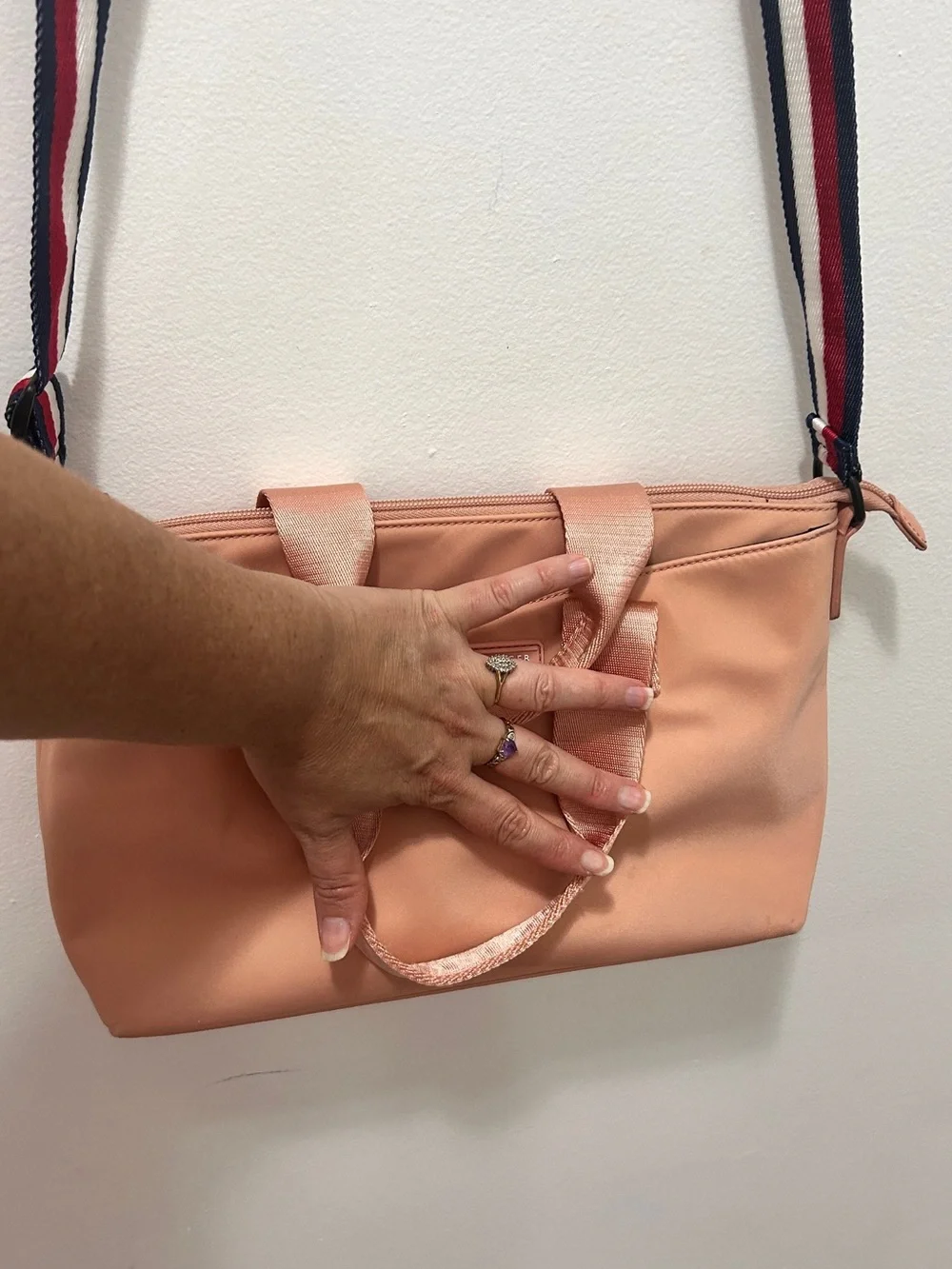 Tommy Hilfiger Pink Nylon Crossbody Tote Bag Stripe Strap Everyday Purse